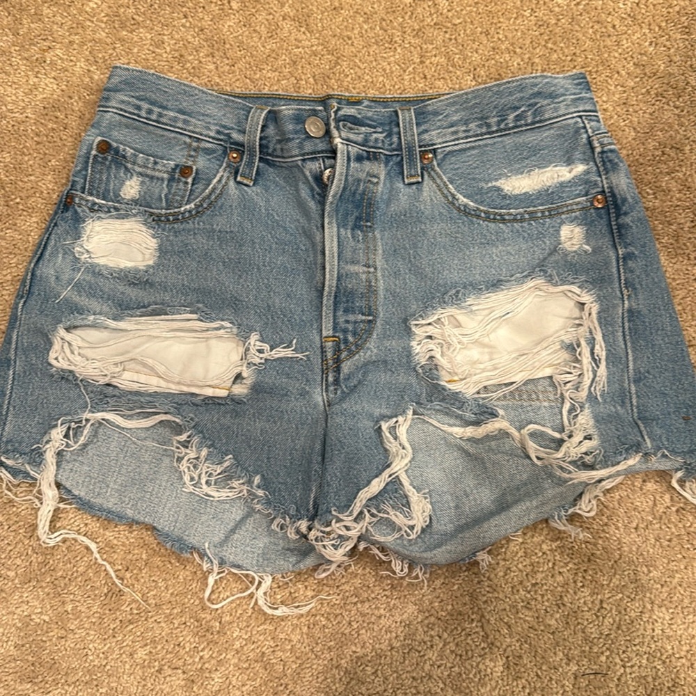 Levi’s Premium 501 button fly distressed denim jean shorts 28